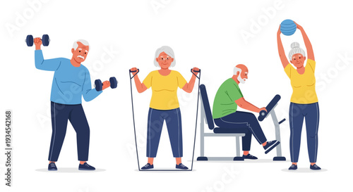 Active Seniors Exercising: Elderly Men & Women Staying Fit with Dumbbells, Resistance Bands, Stationary Bike, and Medicine Ball for Healthy Aging & Wellness. Flat Illustration.