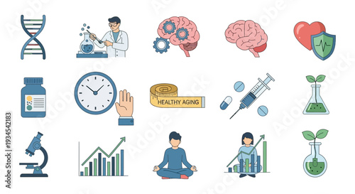 Healthy Aging, Longevity, and Medical Research Icons Set
