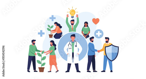 Holistic Healthcare Ecosystem with Doctor at Center, Featuring Wellness, Innovation, Growth, and Patient Protection