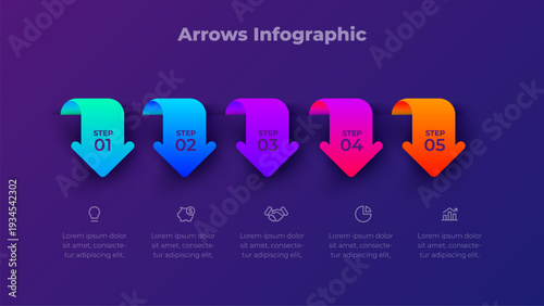 5 Step Down Arrow Process Infographic Vertical Hanging Ribbon Segments with Gradient Directional Blocks