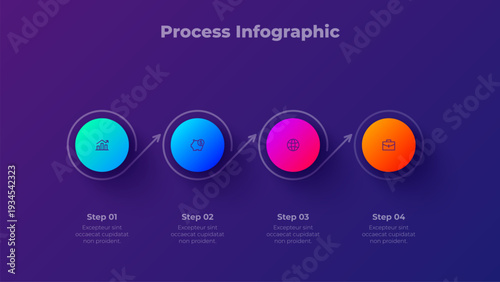 4 Step Process Infographic Circular Workflow Diagram with Connected Round Gradient Segments and Directional Flow