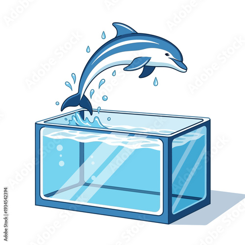 Dolphin jumping out of a clear blue aquarium, splashing water, playful marine mammal