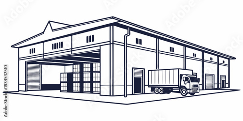 Large industrial building with multiple garage doors and a truck parked outside
