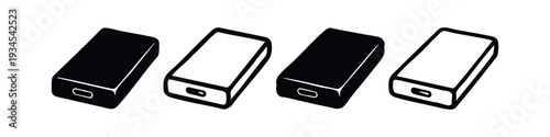 Angled Portable Hard Drive and Power Bank Icons. Perspective Symbols for Mobile Devices and Data.