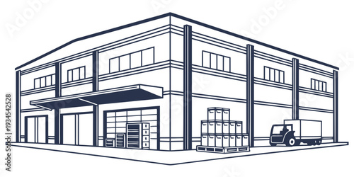 A large industrial building with multiple loading docks and a truck parked outside