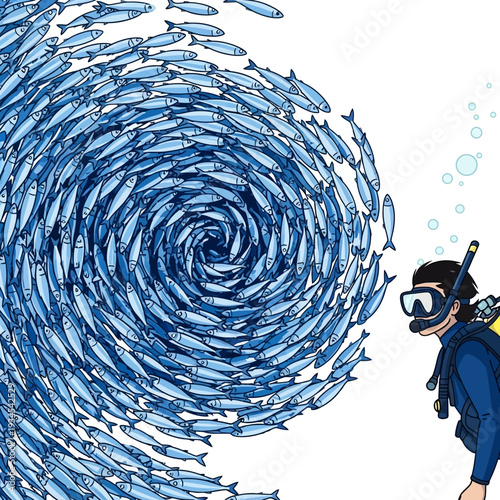 Diver observes massive swirling school of fish forming a vortex underwater