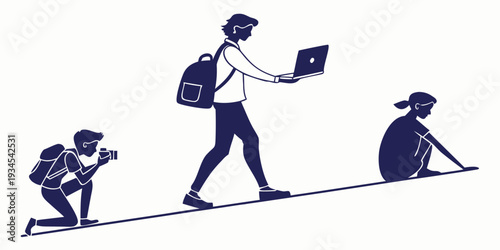 A person walks a tightrope between two individuals on the ground