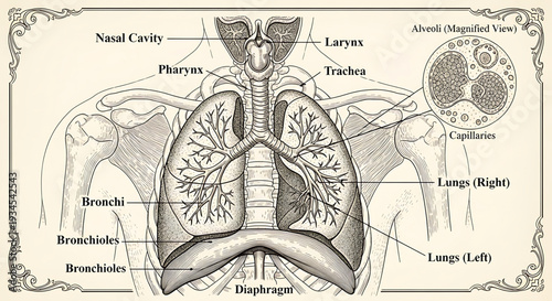 A detailed anatomical illustration of the human respiratory system, including the lungs, trachea, and nasal cavity.