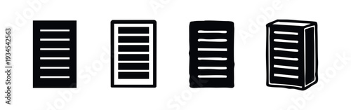 Server rack icon set for data centers, network infrastructure, and cloud computing solutions.