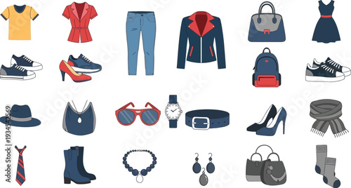 Set of various fashionable clothing and accessories for men and women