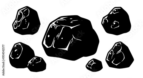 Rocks hand drawn set with black outlines and grunge texture featuring natural, rough, stones with minerals and geology