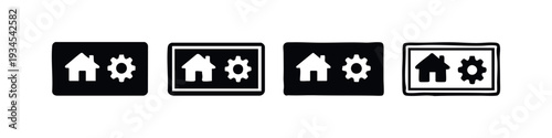 Smart home settings icons with house and gear symbols for automation and control systems.