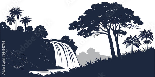 A serene landscape featuring a waterfall cascading into a tranquil pool surrounded by lush trees