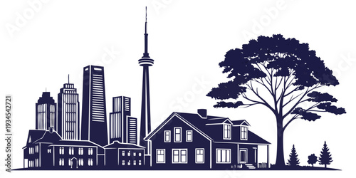 A picturesque cityscape with a prominent tower and a quaint house under a large tree