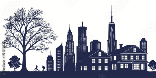 Silhouette of a city skyline with a prominent tree in the foreground
