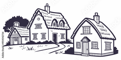 A charming illustration of three distinct houses with unique architectural styles