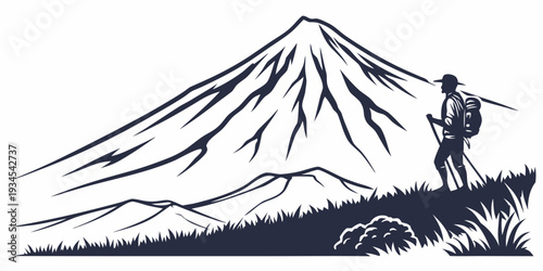 A lone hiker standing at the base of a majestic snow-capped mountain peak.