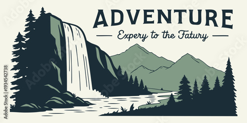 A majestic waterfall cascades down a cliff into a serene forest valley below.