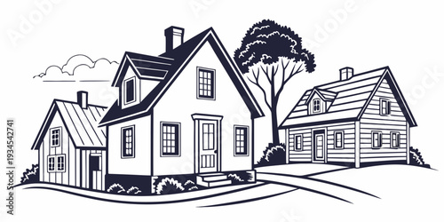 A charming illustration of a quaint neighborhood with three distinct houses