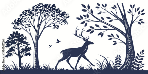 A serene forest scene with a deer and its fawn in a peaceful woodland setting