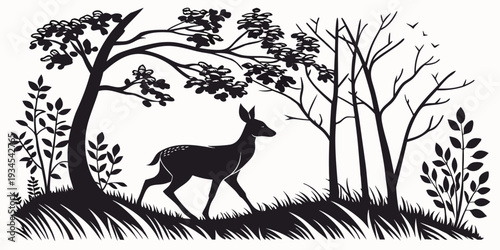 A majestic deer standing beneath a tree in a forest.