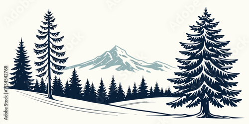 A serene landscape with tall pine trees and a majestic mountain in the background