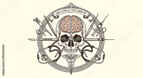 A detailed vector graphic illustration of a skull with a brain and medical symbols