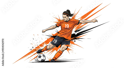 A female soccer player kicking a ball with motion lines in an orange and black uniform