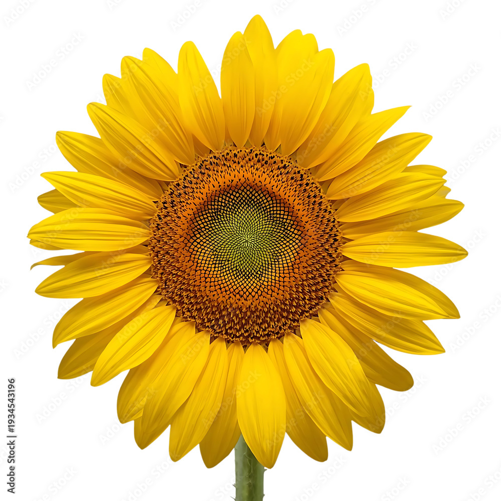 Obraz premium Vibrant sunflower with bright yellow petals and brown center, isolated on white background, floral beauty