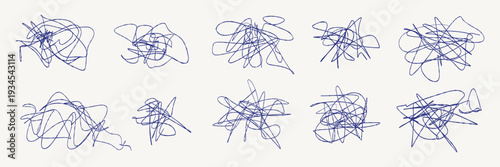 Messy pen scratch abstract scribble set with chaotic hand drawn ink lines on transparent background. Random doodle strokes, tangled sketch marks for design elements, creative overlays, notes