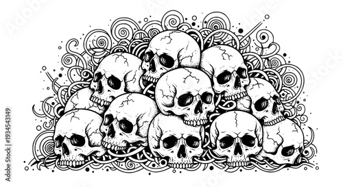 Skulls pile with intricate swirling decorative elements, black and white illustration featuring heap, skull heap,