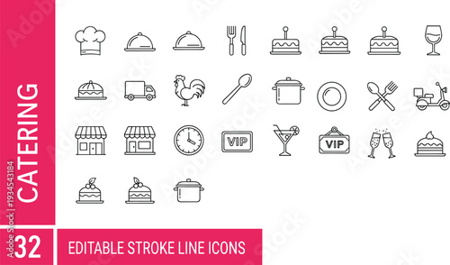 Catering service and restaurant line icon set with food delivery cake chef hat VIP badge editable stroke vector illustration