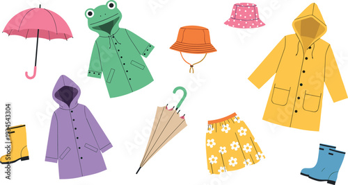 Cute Rainy Season Clothing and Accessories Set with Colorful Raincoats Boots Umbrellas and Hats Cartoon Vector Illustration