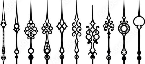 Decorative Antique Clock Hands Set with Vintage Ornate Watch Pointers Black Silhouette Vector Illustration Collection