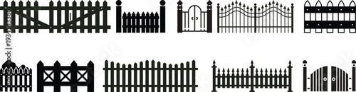 Vector illustration of vector art of various fence and gate silhouettes are displayed on a white background.Vector illustration of vector art of various fence and gate silhouettes are displayed .