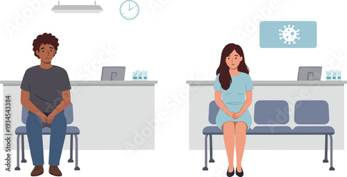 Medical waiting area, social distancing, healthcare facility, clinic interior, hospital reception, patients seated, virus precaution, public health, safety measures, modern illustration
