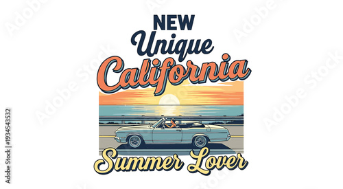 Vintage California Summer Good Vibrations Beach Illustration.
