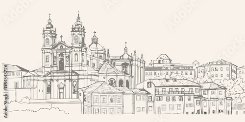 Detailed sketch of a european cityscape with prominent cathedral architecture
