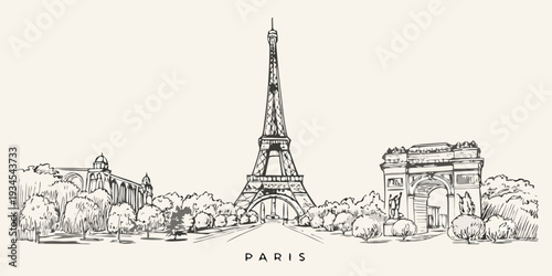 A vintage sketch depicting the eiffel tower and arc de triomphe