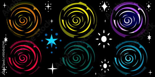 Colorful spiral shapes and stars against a dark black background