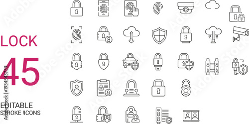 Cyber security and lock line icon set with fingerprint shield cloud camera editable stroke vector illustration