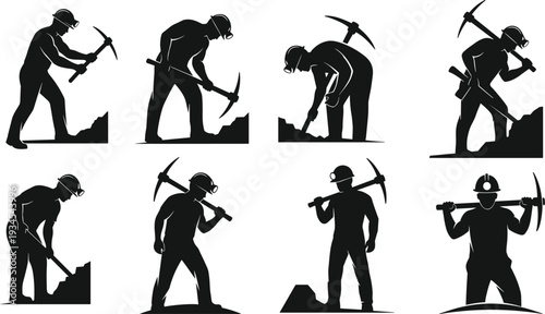 Miner silhouettes, pickaxe workers, coal mining, industrial labor, underground excavation, hard work, helmet safety, mining industry