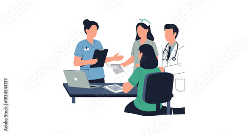 Medical Team Collaboration: Doctor and Nurses Discussing Patient Care or Strategy in Clinic Office with Laptop and Documents