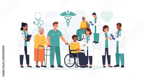 Diverse Medical Team Provides Comprehensive Healthcare Services to Patients, Including Elderly and Disabled, in a Clinic Setting