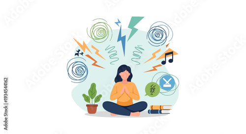 Mindfulness & Stress Relief: Woman Meditating to Find Calm Amidst Overthinking, Anxiety, and Mental Clutter