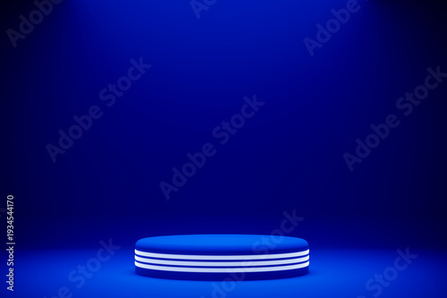 Blue neon podium with glowing light rings on dark studio background