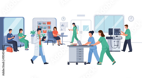 Healthcare Professionals and Patients in a Busy Modern Hospital or Clinic Setting - Flat Illustration