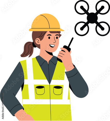 A woman wearing a safety vest operates a drone with a radio