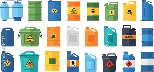 Hazardous Chemical Containers Collection Oil Drums Gas Cans Propane Tanks Toxic Warning Vector Illustration Set