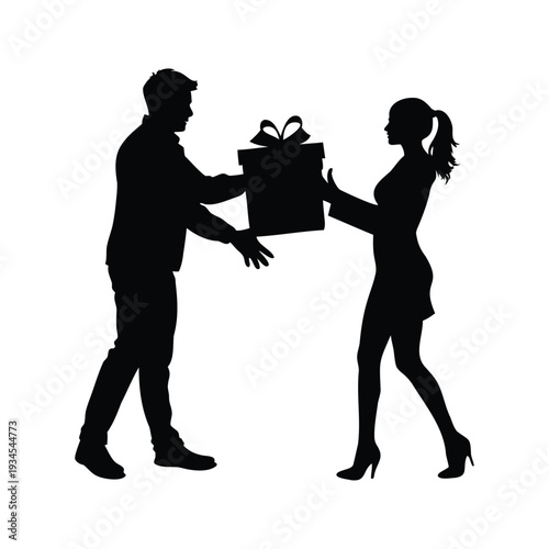 christmas gift exchange silhouette vector illustration, A couple exchanging a gift box in a black and white silhouette vector illustration